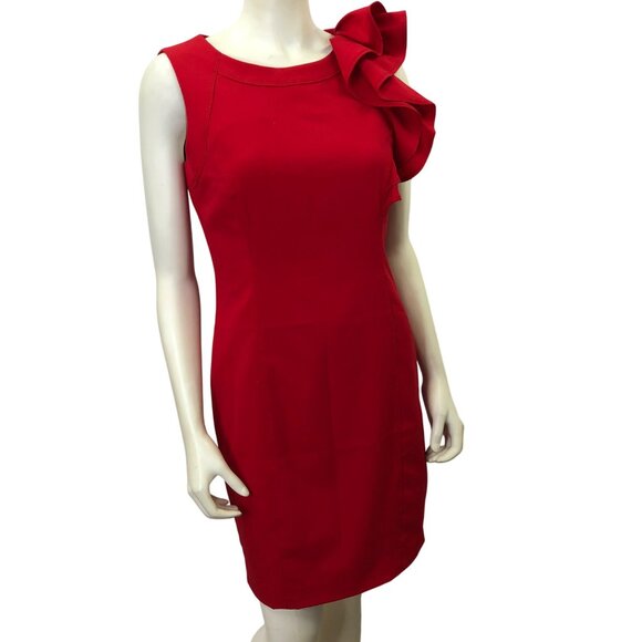 Calvin Klein Red Sleeveless Dress‎ With Ruffle Shoulder Detail Size 8P - Picture 5 of 6